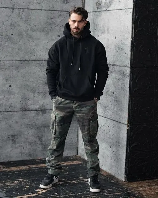 Cooler Weather, Sharper Fits: 13 Men Streetwear Fall Outfits 6 Washed Hoodie With Camo Cargo Jeans