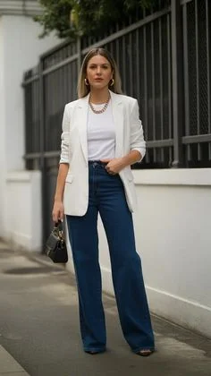 Fresh, Clean, and Chic: 19 White Outfit Ideas for Effortless Style 7 White Blazer with Blue Jeans