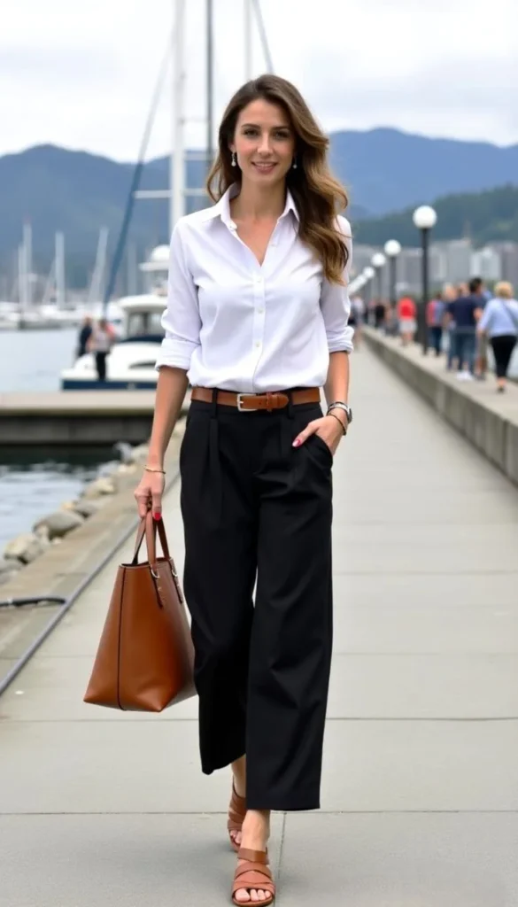 Fresh, Clean, and Chic: 19 White Outfit Ideas for Effortless Style 4 White Button Down with Black Trousers