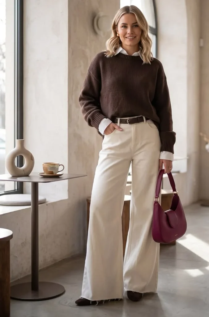 14 Fall Outfits Jeans Lovers Will Want to Wear on Repeat 13 White Jeans With a Brown Knit