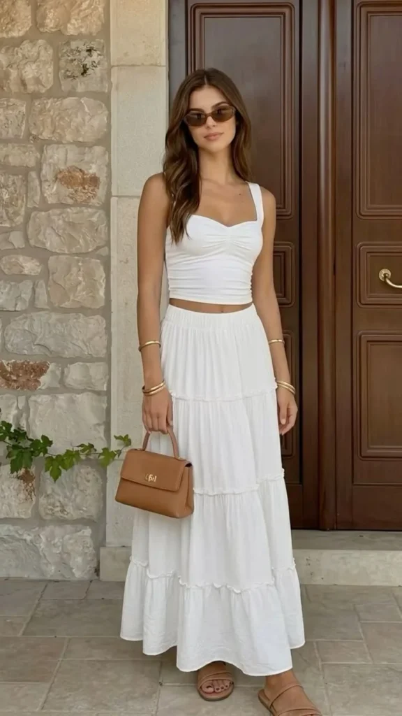 Fresh, Clean, and Chic: 19 White Outfit Ideas for Effortless Style 9 White Maxi Skirt with a Fitted Top