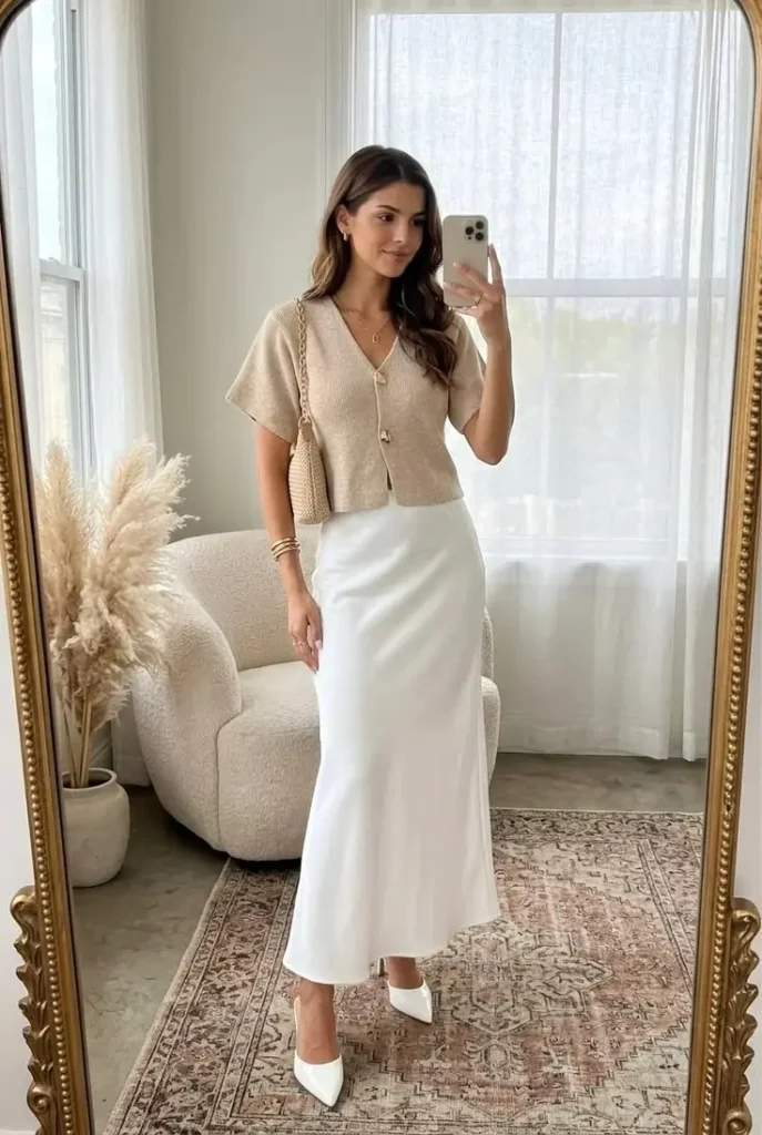Fresh, Clean, and Chic: 19 White Outfit Ideas for Effortless Style 16 White Satin Skirt with a Knit Top