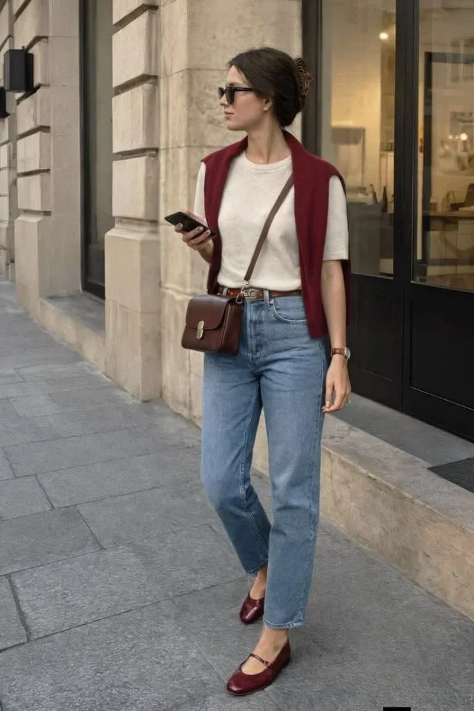 Your Fall Closet Just Got Better: 15 Classy Fall Outfits That Feel Effortlessly Chic 7 White Shirt With a Sweater Draped Over the Shoulders