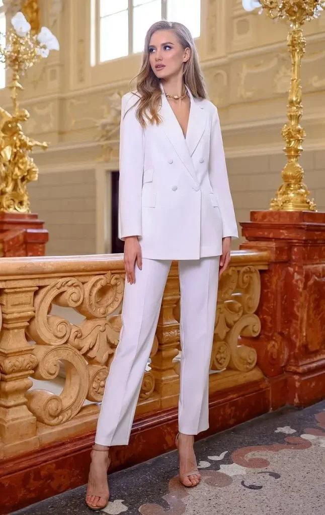 Fresh, Clean, and Chic: 19 White Outfit Ideas for Effortless Style 20 White Suit for a Statement Look