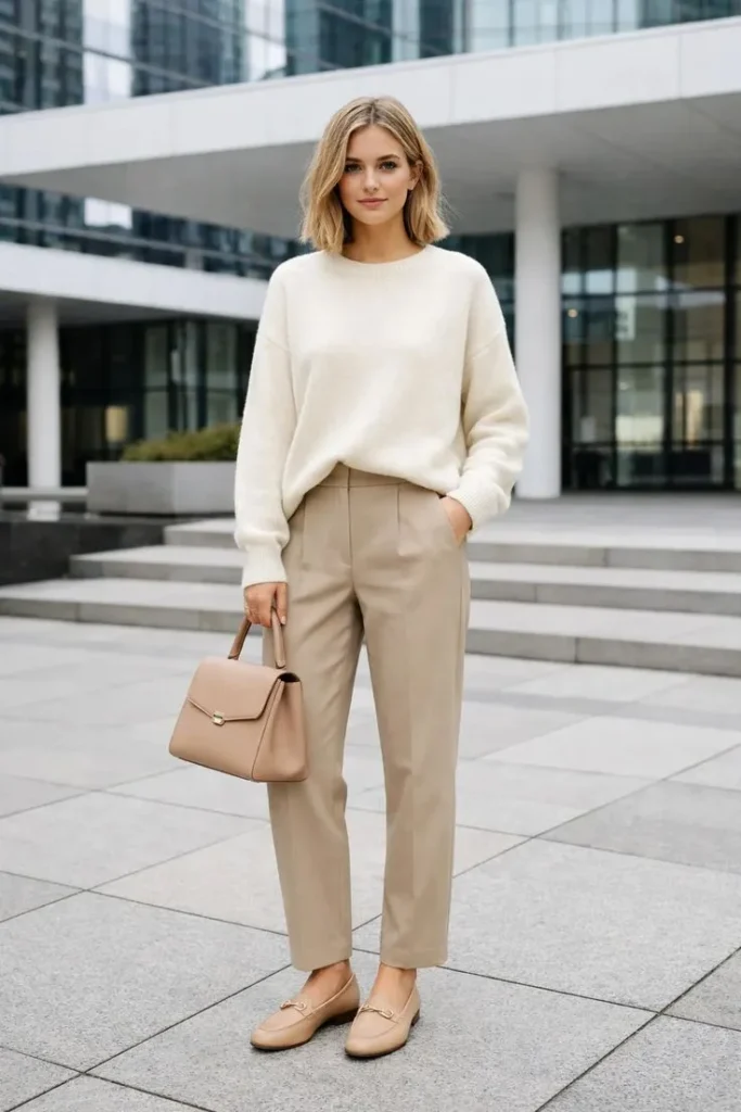 Fresh, Clean, and Chic: 19 White Outfit Ideas for Effortless Style 11 White Sweater with Cream Trousers