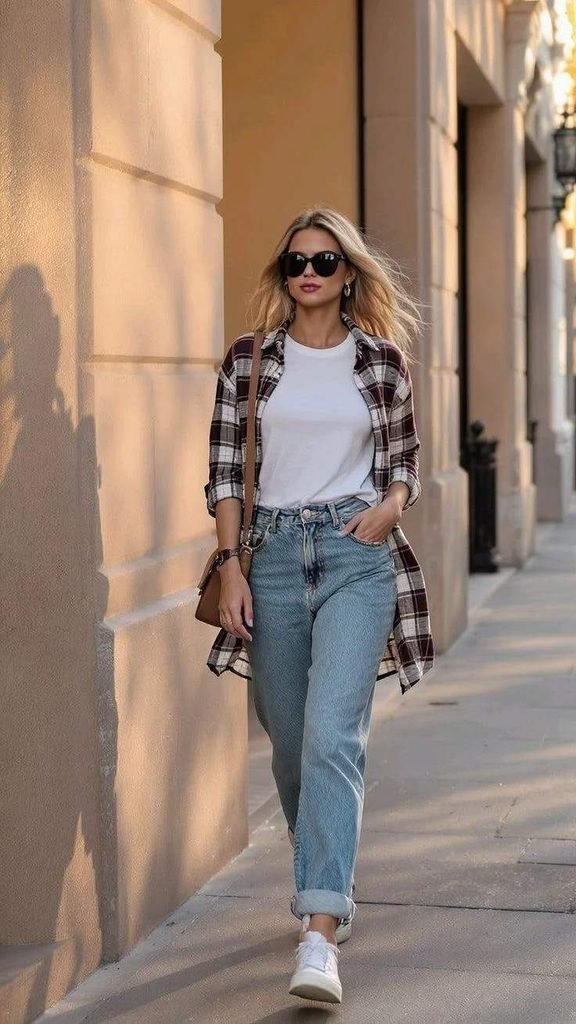 Getting Dressed Just Got Easier: 14 Simple Fall Outfits That Always Look Good 2 White T Shirt With a Plaid Shirt and Jeans