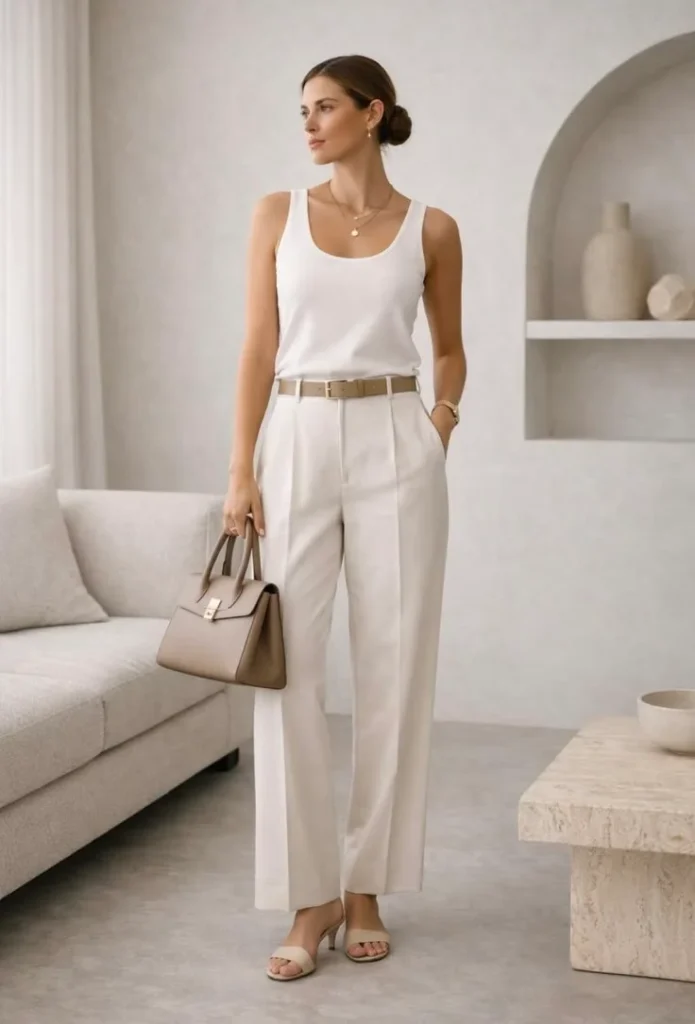 Fresh, Clean, and Chic: 19 White Outfit Ideas for Effortless Style 8 White Tank Top with Wide Leg Trousers