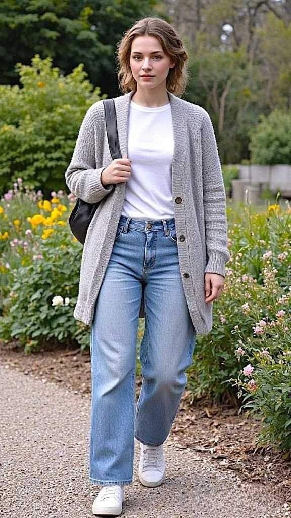 15 Early Fall Outfits That Make the Seasonal Style Switch Feel Effortless 1 White Tee Straight Leg Jeans and a Lightweight Cardigan