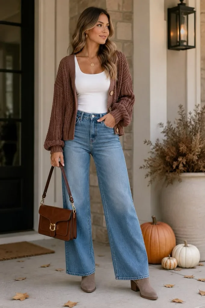 17 Fall Outfits with Boots That Make Getting Dressed Feel So Much Easier 7 Wide Leg Jeans Cardigan and Pointed Toe Boots