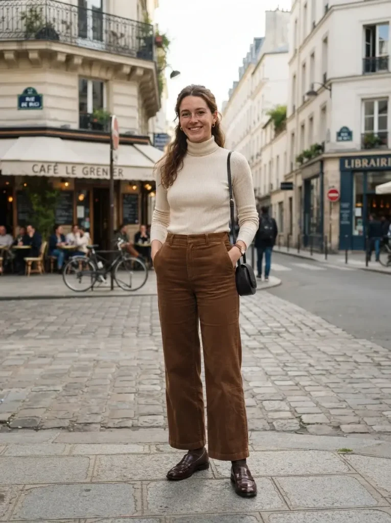 14 Midsize Fall Outfits That Actually Fit Real Life 5 Wide leg corduroy pants tucked in knit top loafers