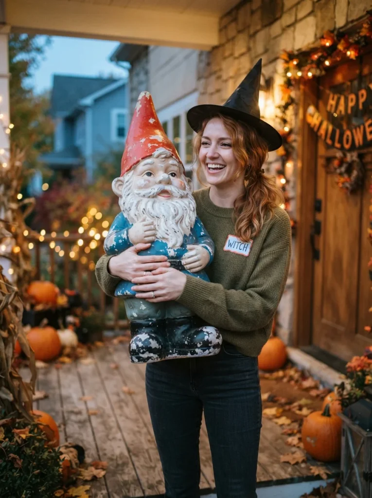 18 Easy Halloween Costumes for People Who Are Out of Time, Ideas, or Both 5 Woman holding garden gnome 20260923112213