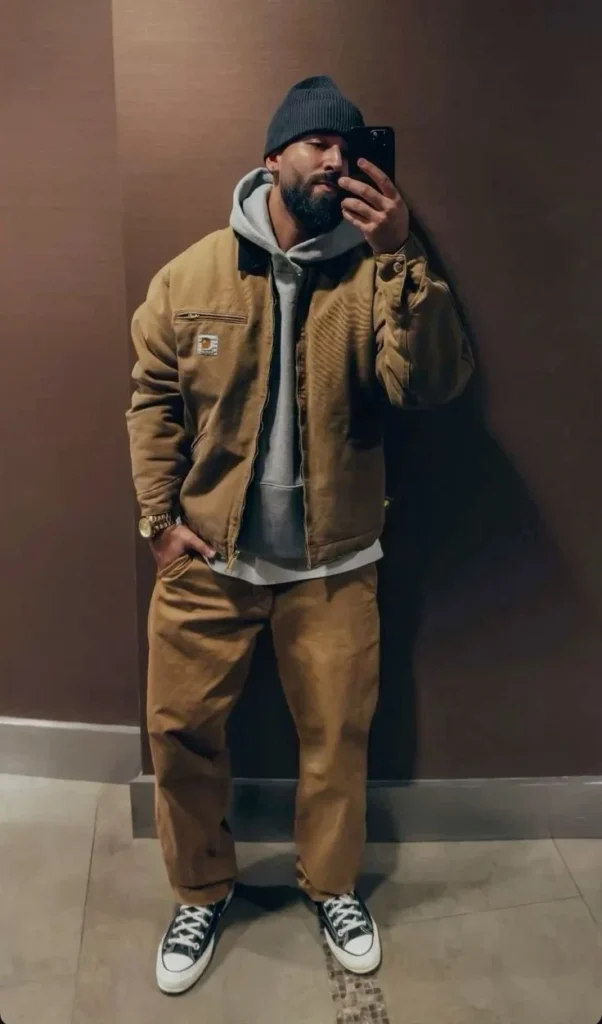 Cooler Weather, Sharper Fits: 13 Men Streetwear Fall Outfits 9 Workwear Chore Coat With Sweatpants