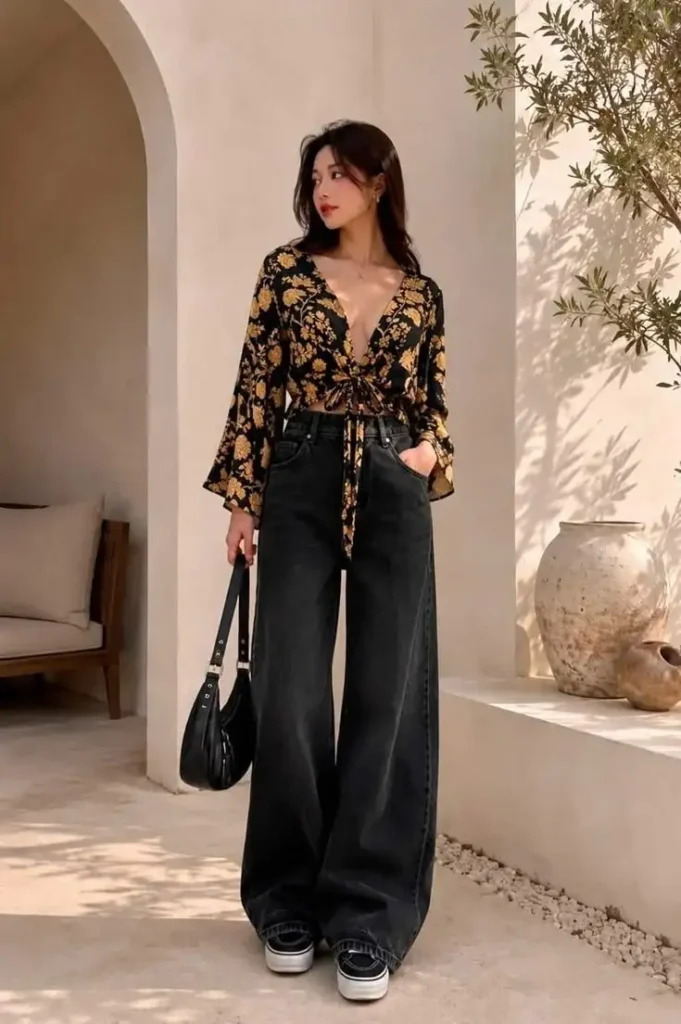 Easy Layers, Great Fits: 14 Midsize Fall Outfits That Feel So Good 1 Wrap Top With High Waisted Jeans