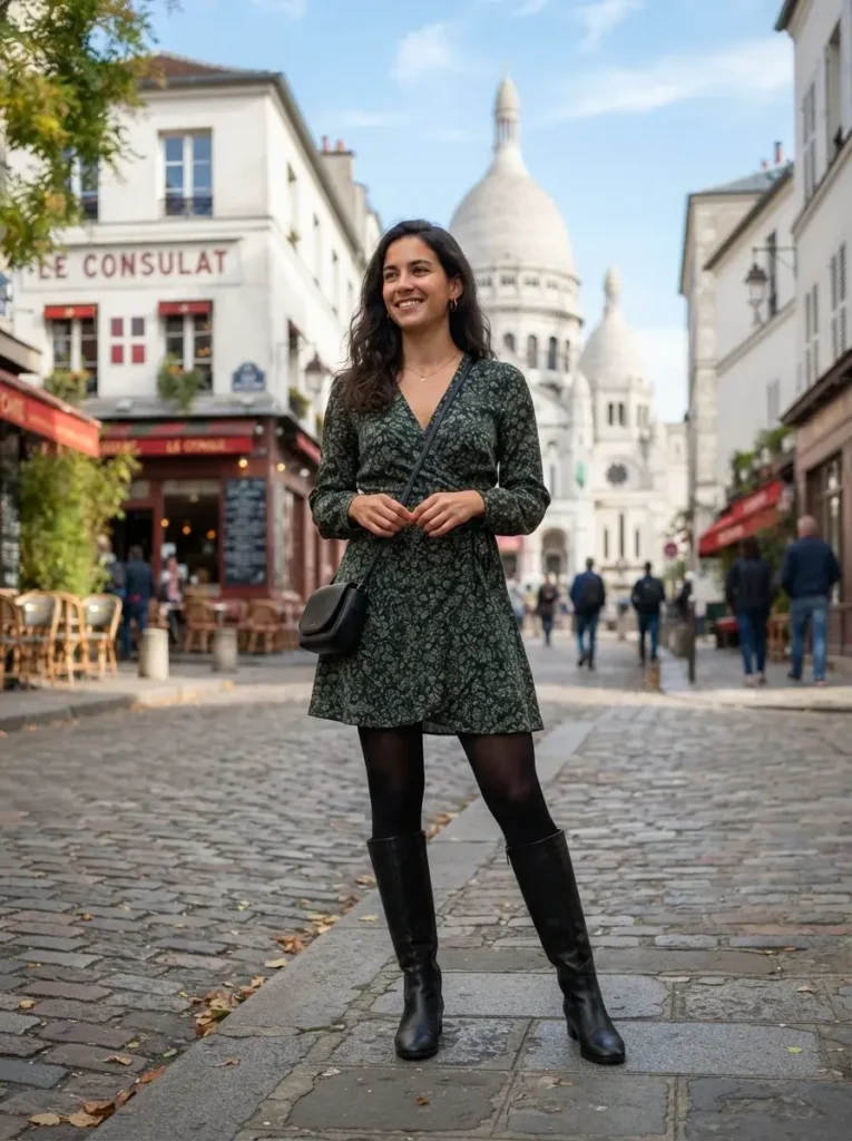 14 Midsize Fall Outfits That Actually Fit Real Life 8 Wrap dress tights knee high boots