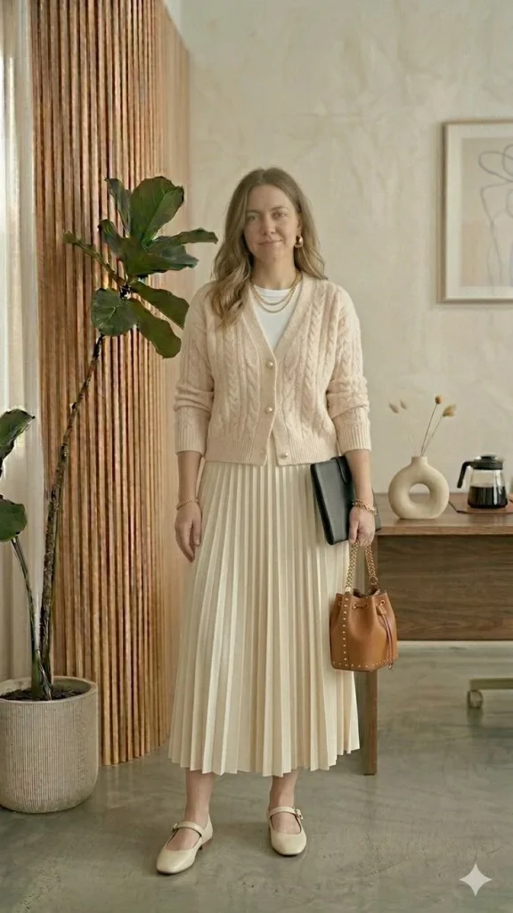 16 Fall Outfits Church That Look Elegant & Stylish 6 Beige Cardigan With Pleated Midi Skirt