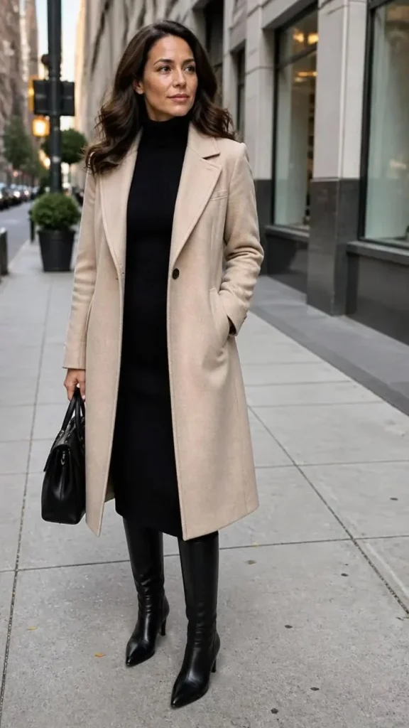 15 Fall Outfits Photoshoot Ideas That Look Stunning 3 Beige Coat With Black Outfit