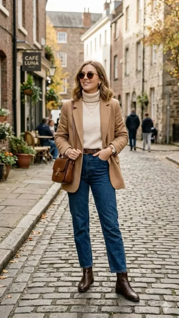 16 Fall Outfits With Jackets That Look Stylish & Trendy 11 Beige Jacket With White Sweater And Brown Boots