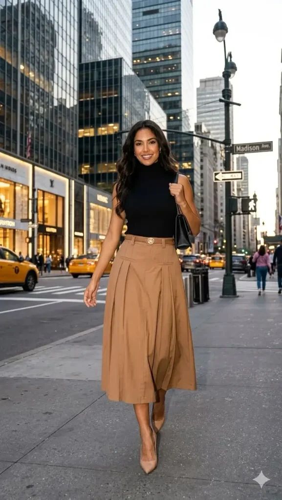 16 Fall Outfits Church That Look Elegant & Stylish 10 Black Blouse With Camel Midi Skirt