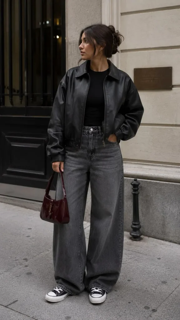 16 Fall Outfits With Jackets That Look Stylish & Trendy 10 Black Bomber Jacket With Casual Street Style Layers