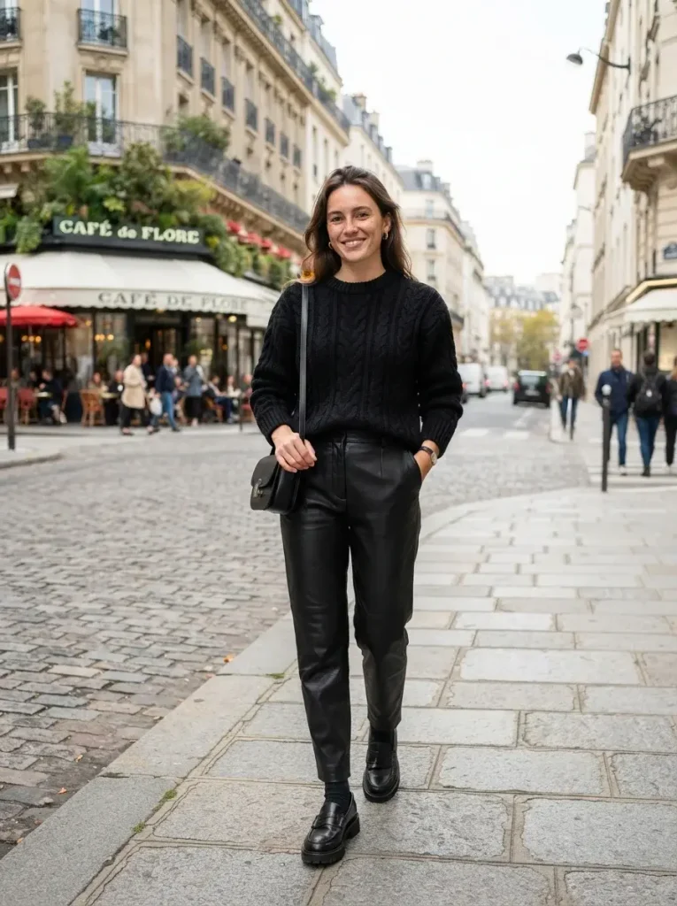 Black Cable Knit Leather Trousers and Chunky Loafers