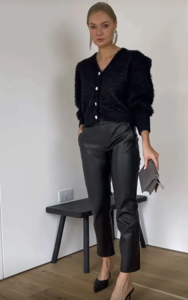 15 Fall Outfits With Cardigans That Look Cozy & Stylish 11 Black Cardigan With Leather Pants