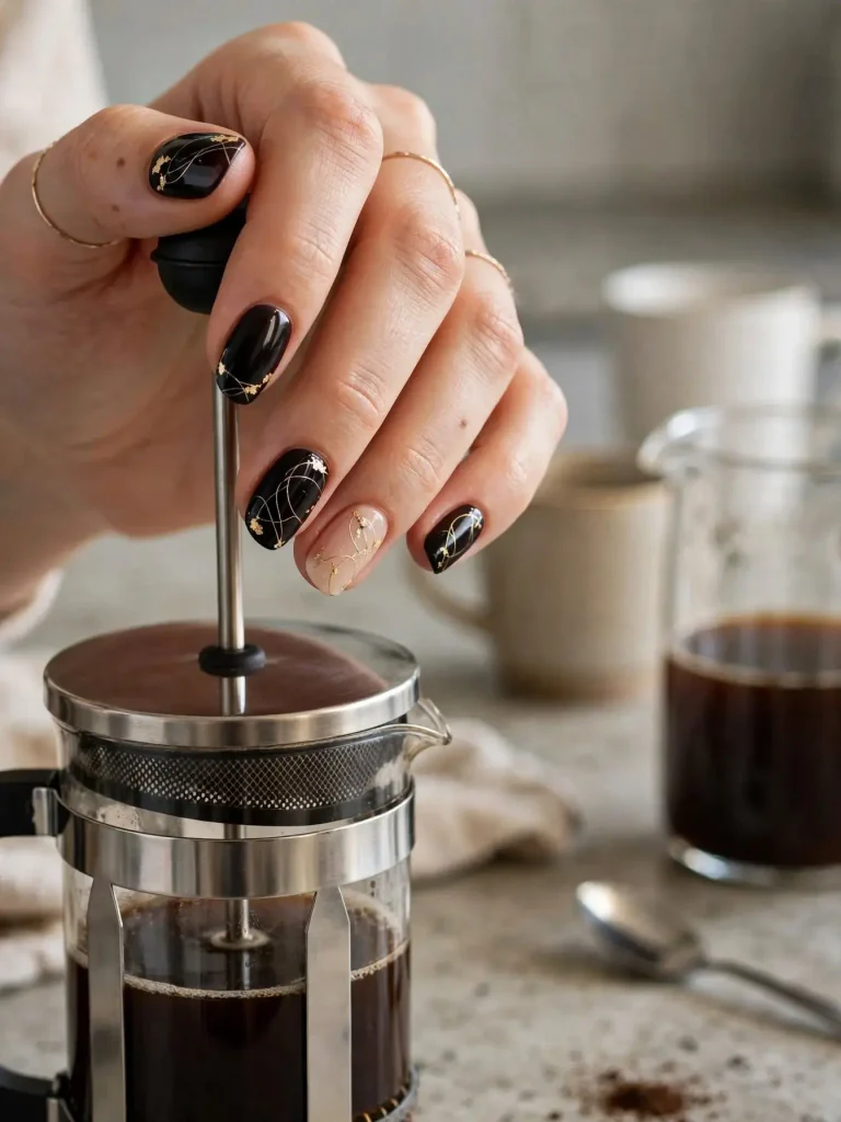 18 Fall Nail Inspiration Ideas, Served Like a Cozy Café Menu (Plus a Month-by-Month Color Calendar) 18 Black Cherry with Gold Foil 768x1024 1