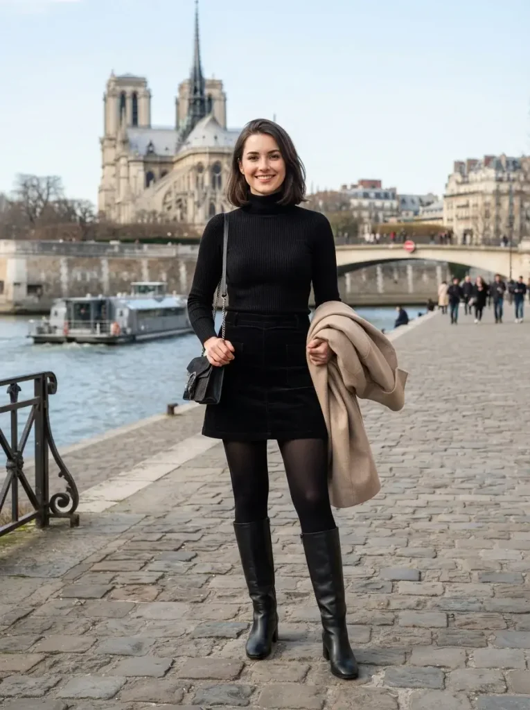 Black Corduroy Skirt Turtleneck and Knee High Boots