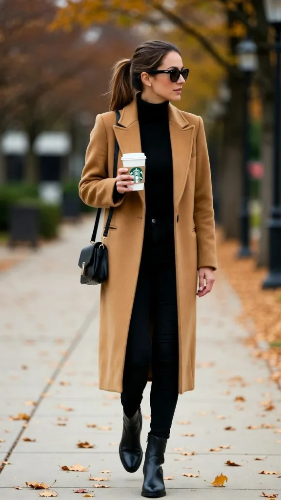 15 Fall Outfits Photoshoot Ideas That Look Stunning 11 Black Dress With Camel Coat