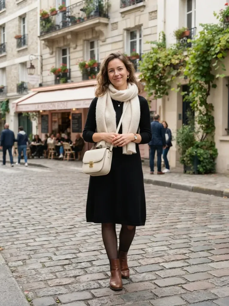Black Dress with a Cream Scarf and Cream Bag
