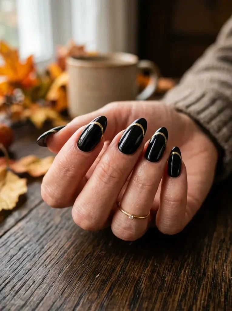 16 Fall Black Nails That Look Like Jewelry, Not Just Polish 4 Black French with a Gold Line