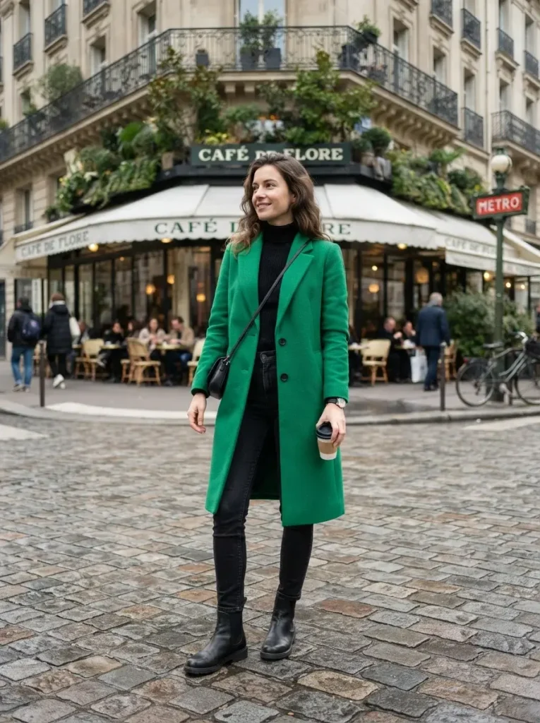 Black Jeans Black Sweater and an Emerald Green Coat