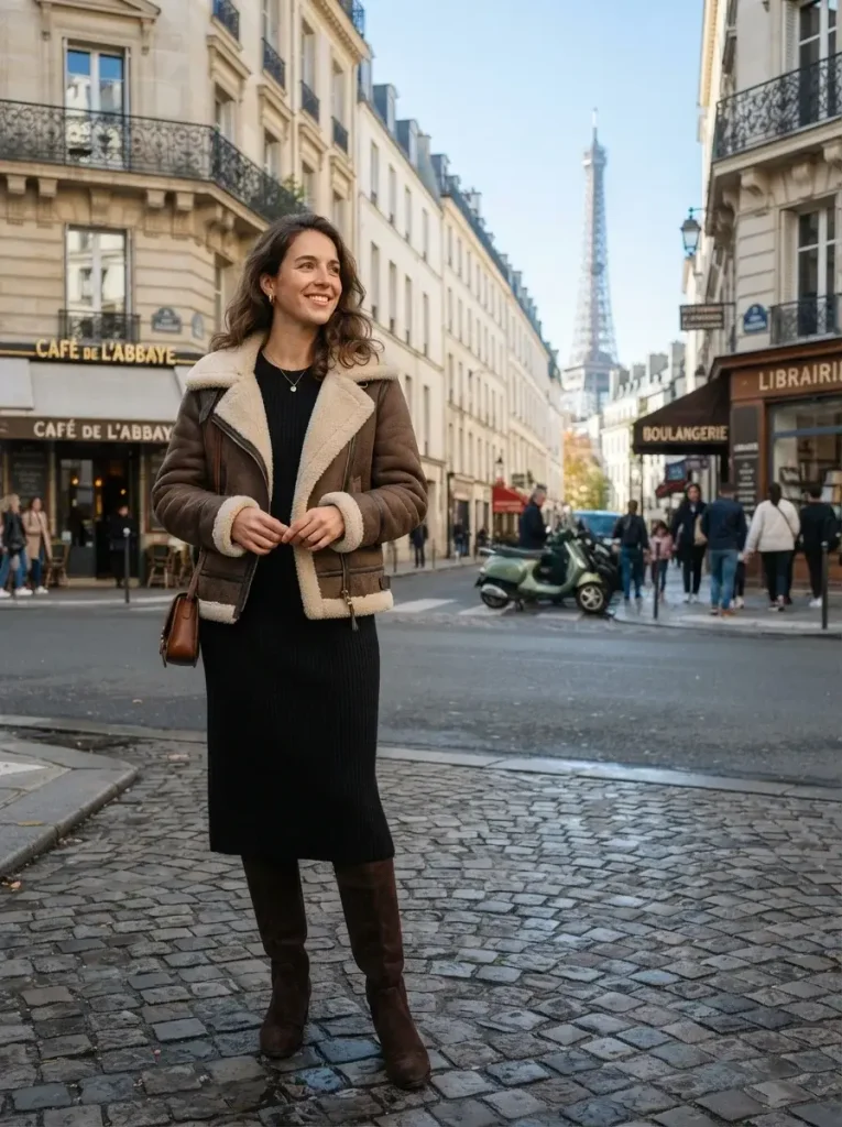 Black Knit Dress Suede Boots and a Shearling Jacket