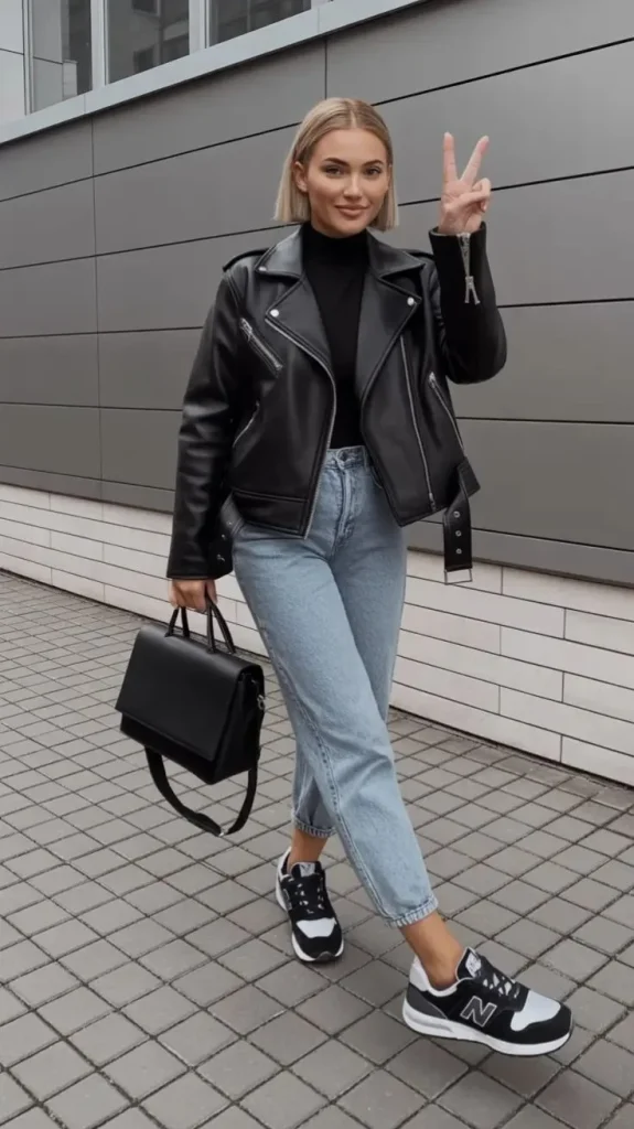 17 Fall Outfits With Sneakers That Look Stylish & Comfortable 9 Black Leather Jacket With High Top Sneakers