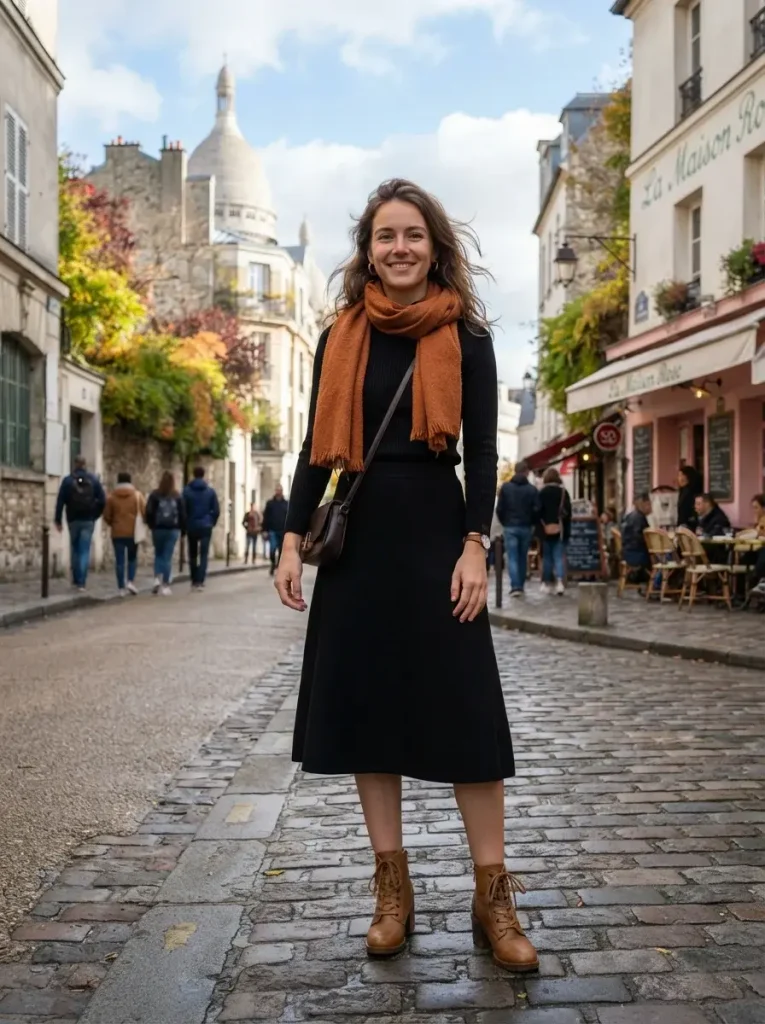 Black Skirt Set with a Rust Scarf and Tan Boots
