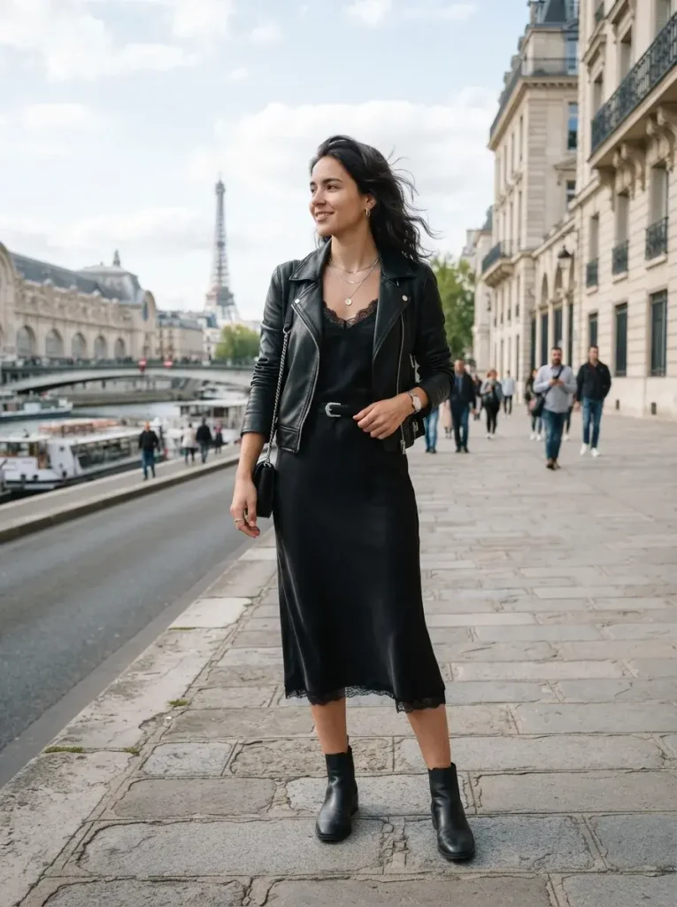 Black Slip Dress Leather Jacket and Silver Details