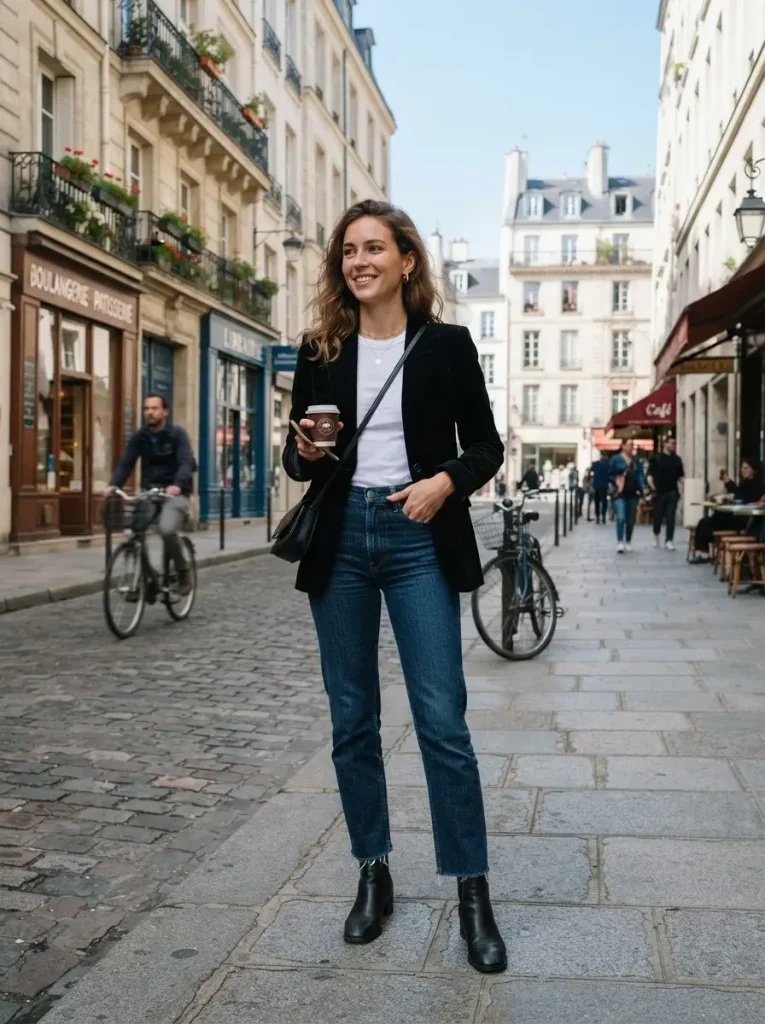 Black Velvet Blazer Fitted Tee and Straight Jeans