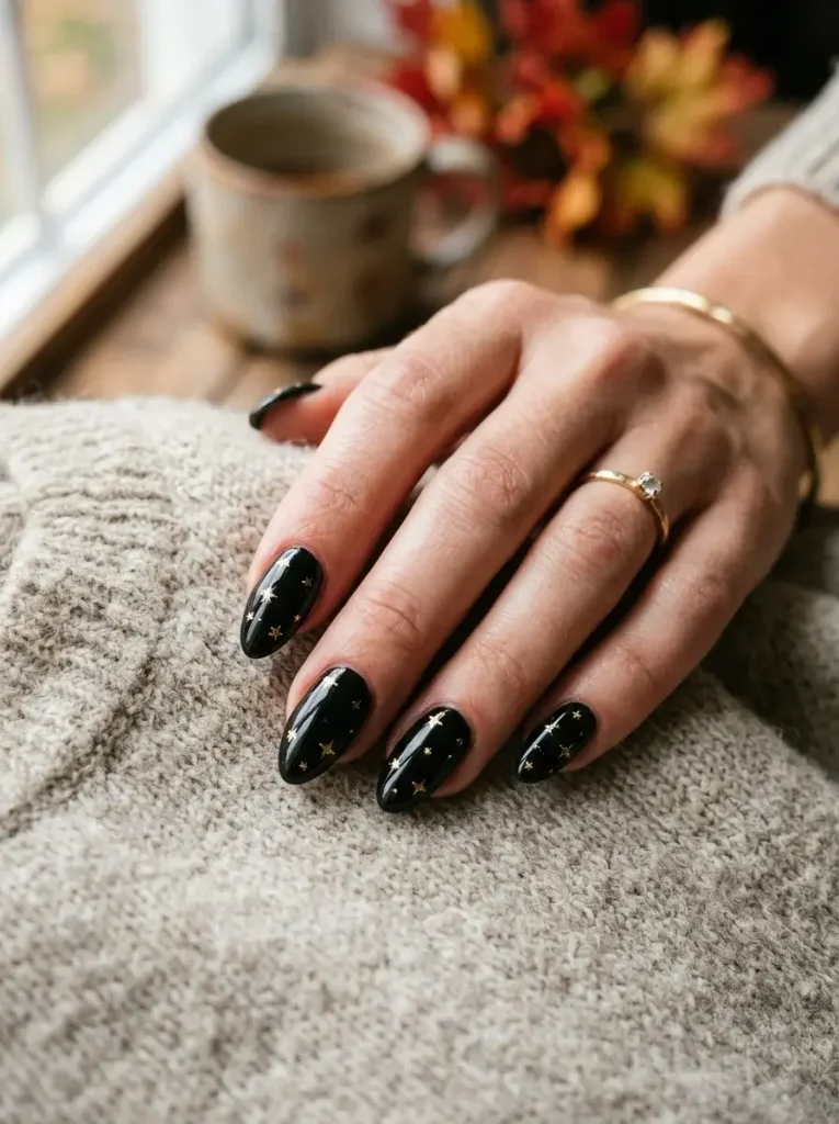 16 Fall Black Nails That Look Like Jewelry, Not Just Polish 16 Black with Tiny Gold Stars