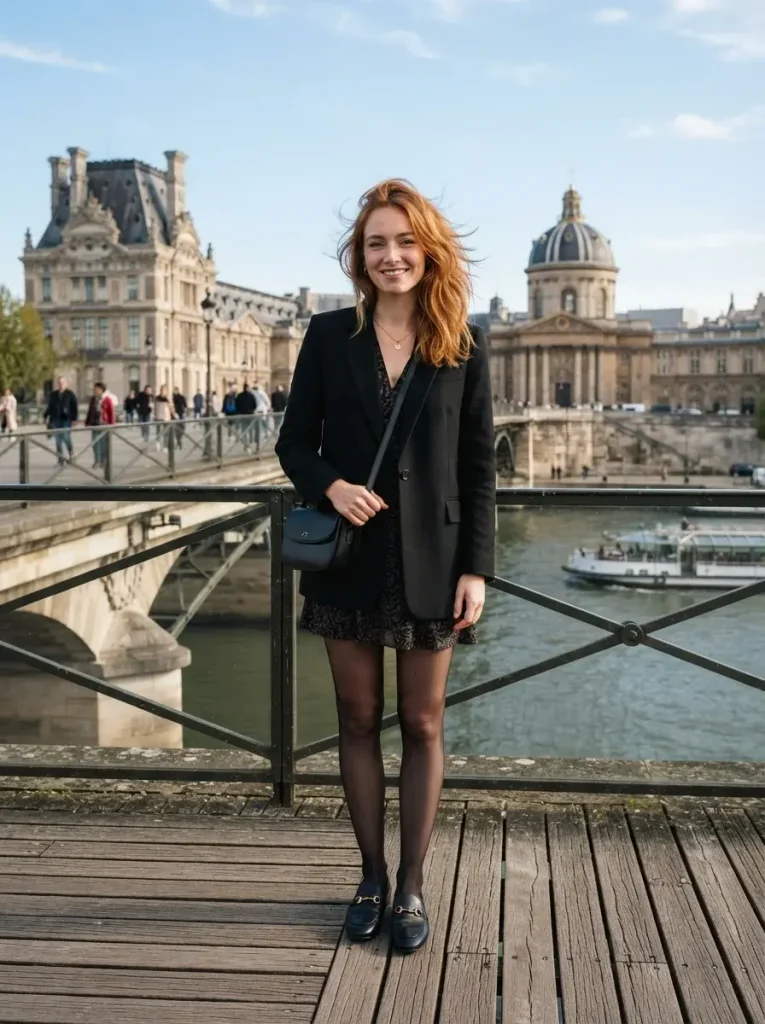 15 Fall Outfits With Tights That Keep You Warm and Stylish 5 Blazer Mini Dress Semi Opaque Tights and Loafers