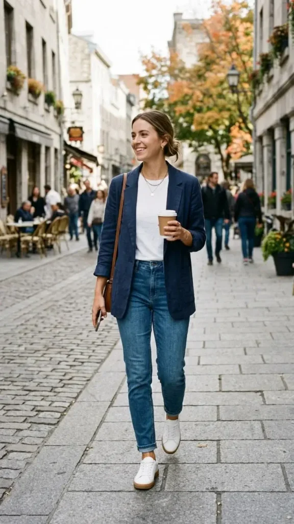 17 Fall Outfits With Sneakers That Look Stylish & Comfortable 5 Blazer With Jeans And Retro Sneakers