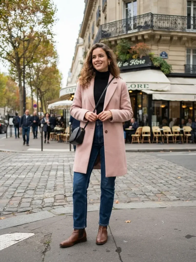 Blush Coat Black Turtleneck and Dark Jeans