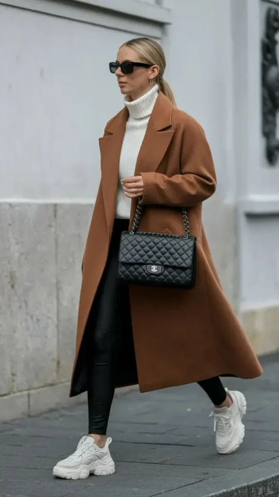 17 Fall Outfits With Sneakers That Look Stylish & Comfortable 2 Brown Trench Coat With Chunky Sneakers