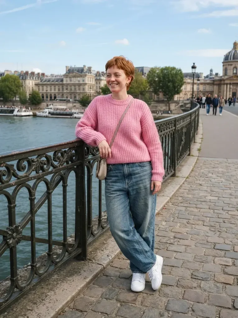 Bubblegum Pink Knit Baggy Jeans and White Sneakers