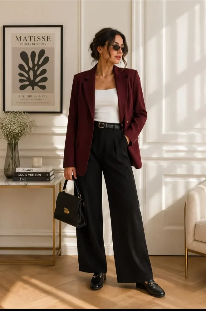 16 Fall Outfits Church That Look Elegant & Stylish 2 Burgundy Blazer With Wide Leg Trousers