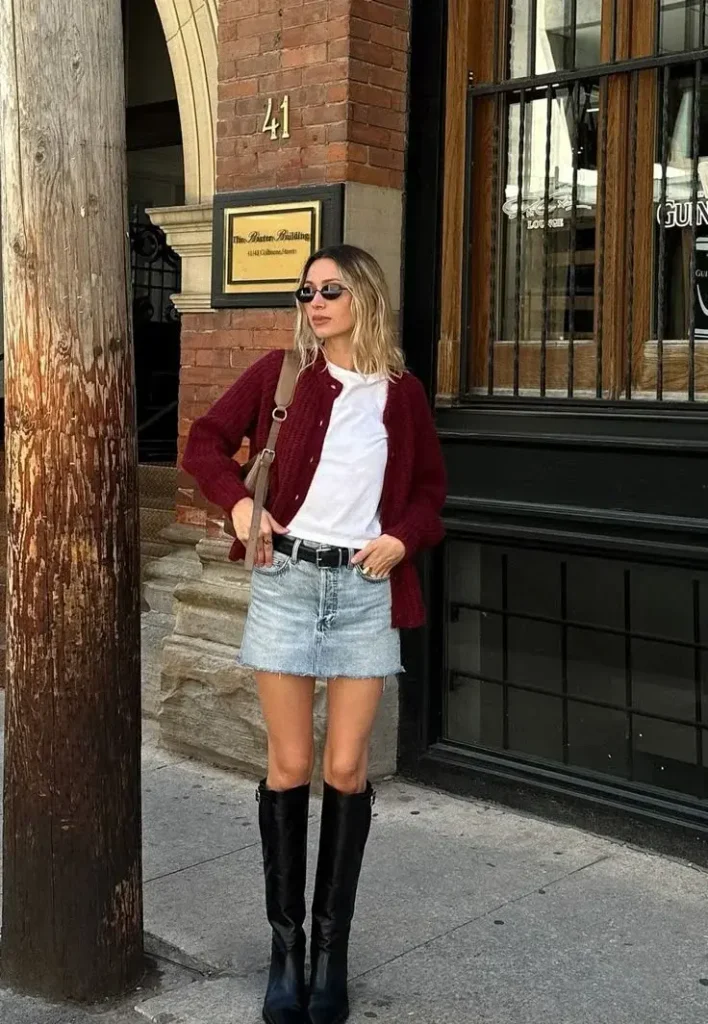 15 Fall Outfits With Cardigans That Look Cozy & Stylish 6 Burgundy Cardigan With A Denim Skirt