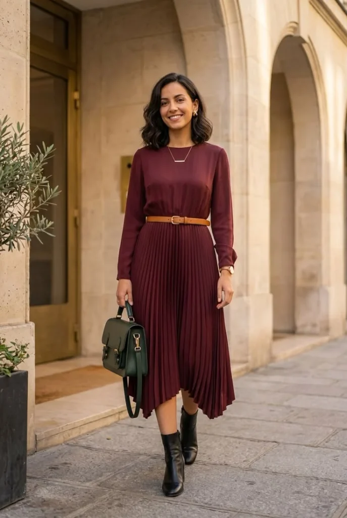 15 Fall Outfits Photoshoot Ideas That Look Stunning 6 Burgundy Dress With Ankle Boots
