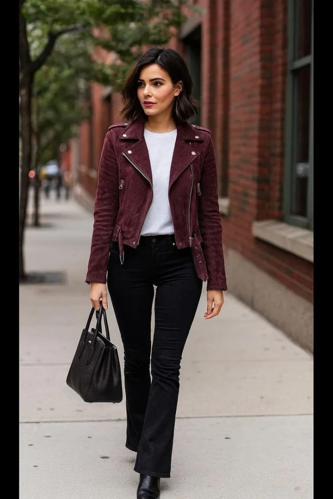 16 Fall Outfits With Jackets That Look Stylish & Trendy 6 Burgundy Suede Jacket With Neutral Basics