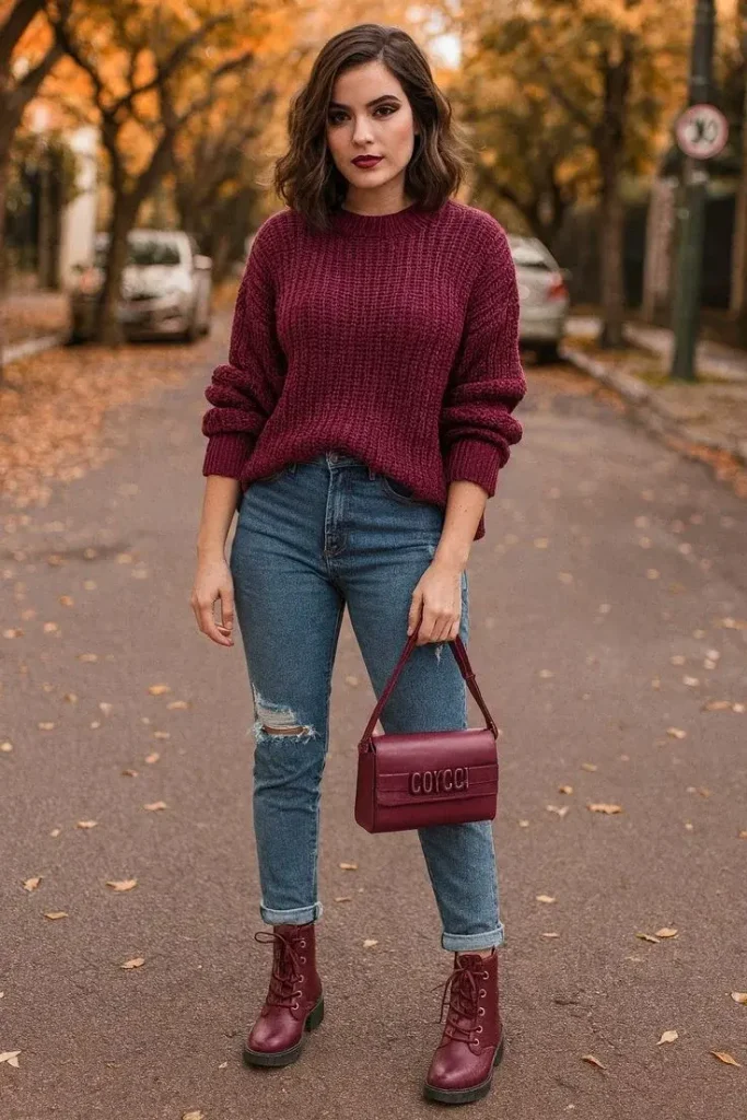 17 Fall Outfits With Sneakers That Look Stylish & Comfortable 11 Burgundy Sweater With Leather Sneakers