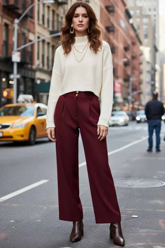 14 Fall Outfits With Sweatpants That Look Cozy & Stylish 7 Burgundy Sweatpants With Cream Sweater
