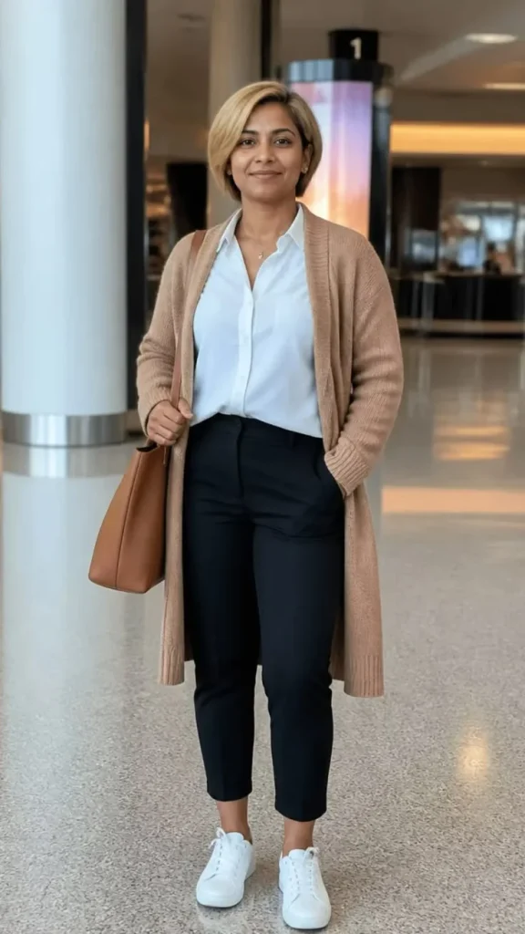 15 Fall Outfits With Cardigans That Look Cozy & Stylish 5 Camel Cardigan With A White Shirt And Trousers