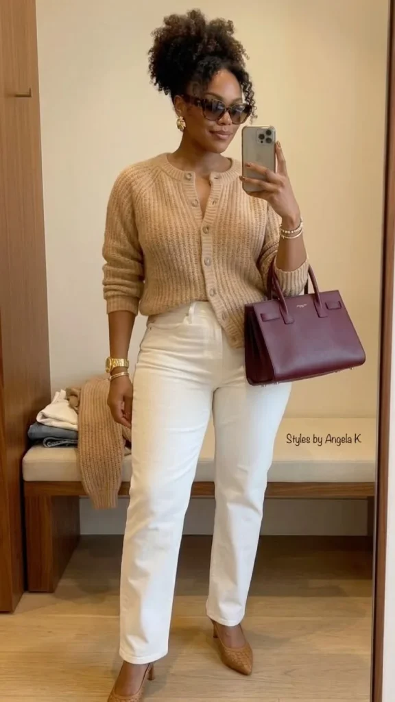 15 Fall Outfits Photoshoot Ideas That Look Stunning 5 Camel Cardigan With White Jeans